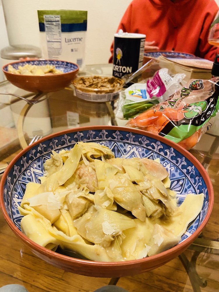Homemade artichoke chicken pasta dinner with the girls