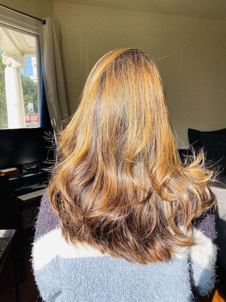 "After" hair with mushroom brown