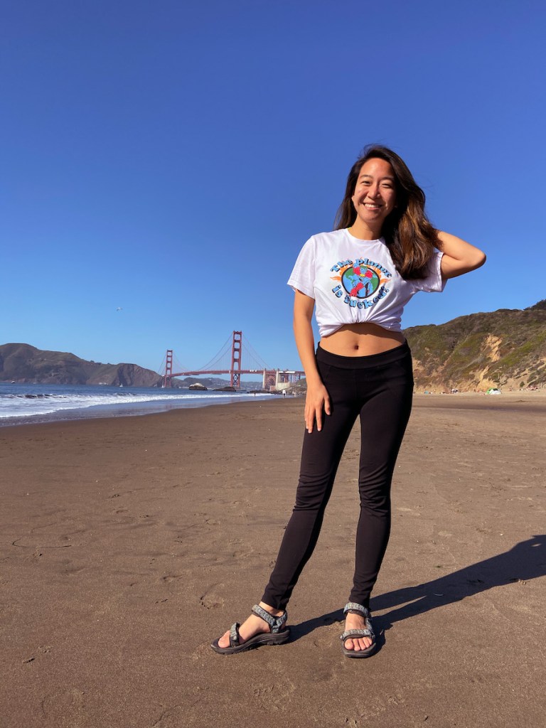 Hanging out on Baker Beach SF with view of Golden Gate bridge