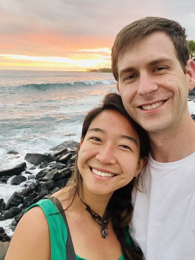 Couple selfie with beach sunset on Big Island