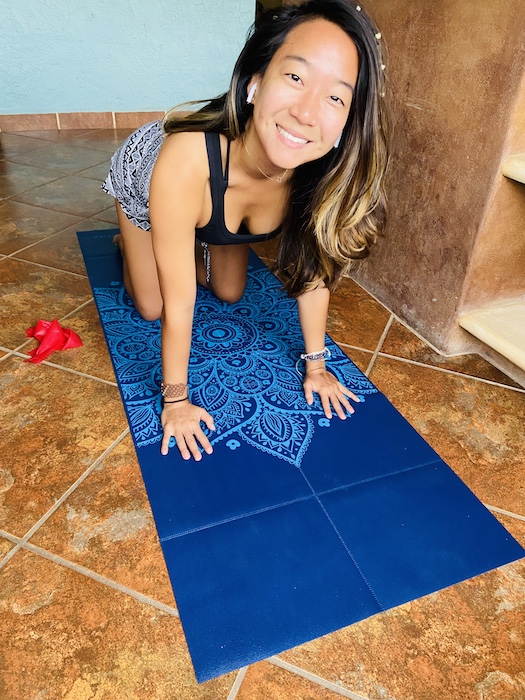 Morning stretches on yoga mat