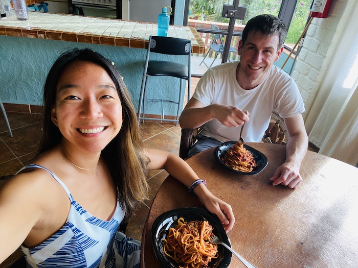 Eating homemade chorizo pasta