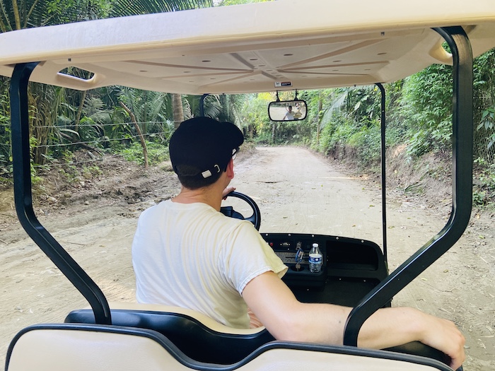 driving golf cart in jungle