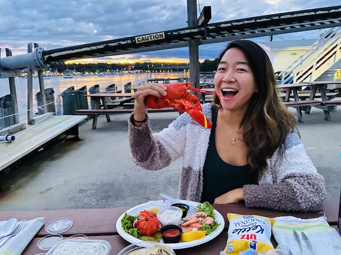 Eating lobster in Young's Lobster Pound 