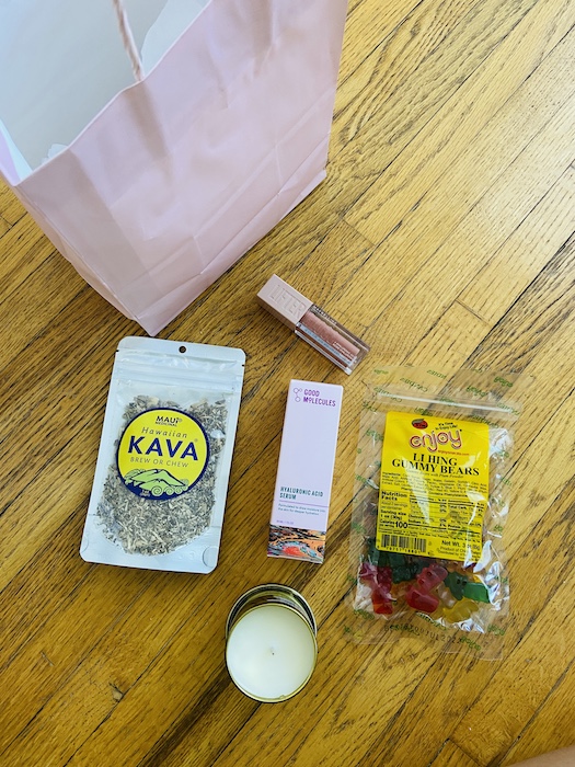 Gift including kava, gummy bears, and make up 