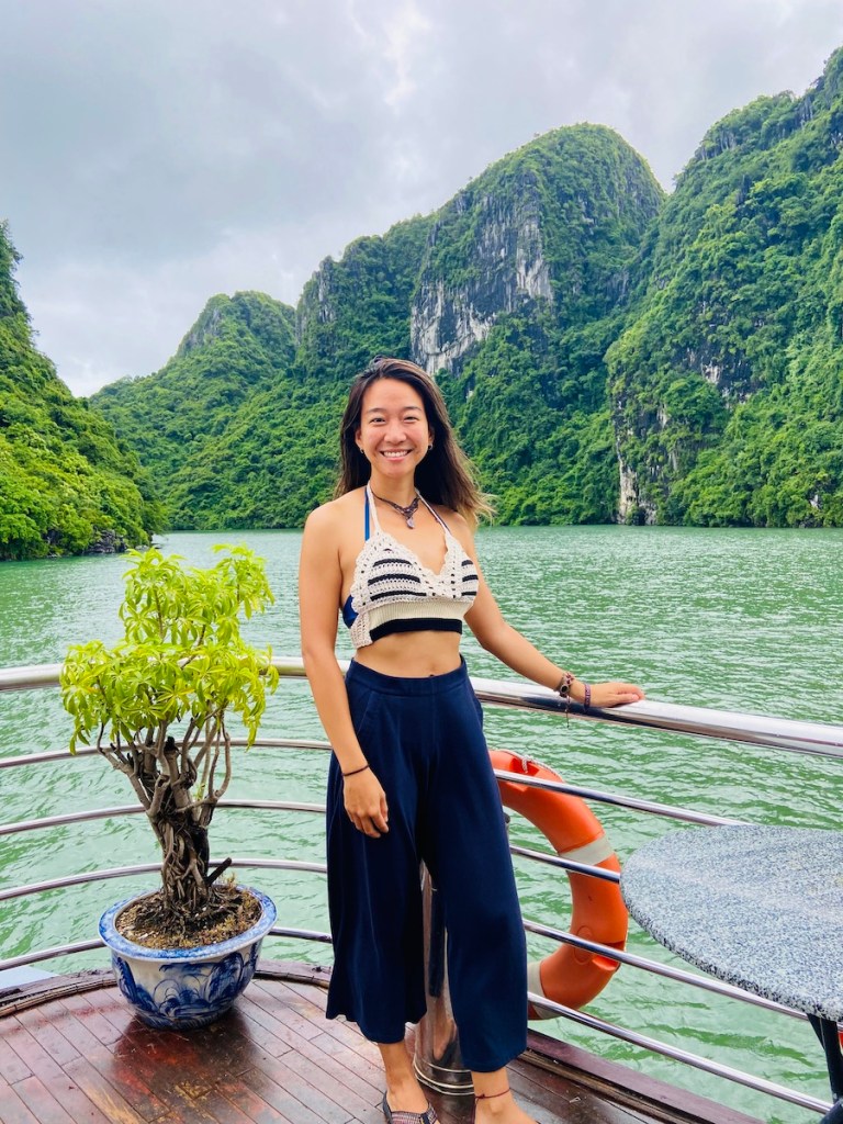posing on the boat in Halong Bay